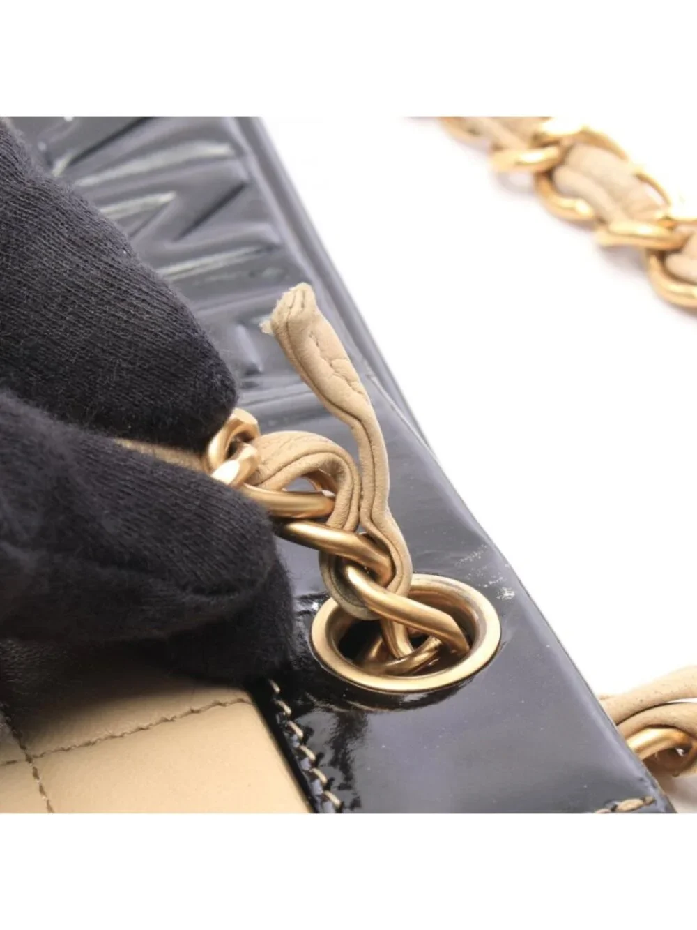 Chanel Tote Bag Choco Bar 2-Way Beige Black Leather Patent Shoulder